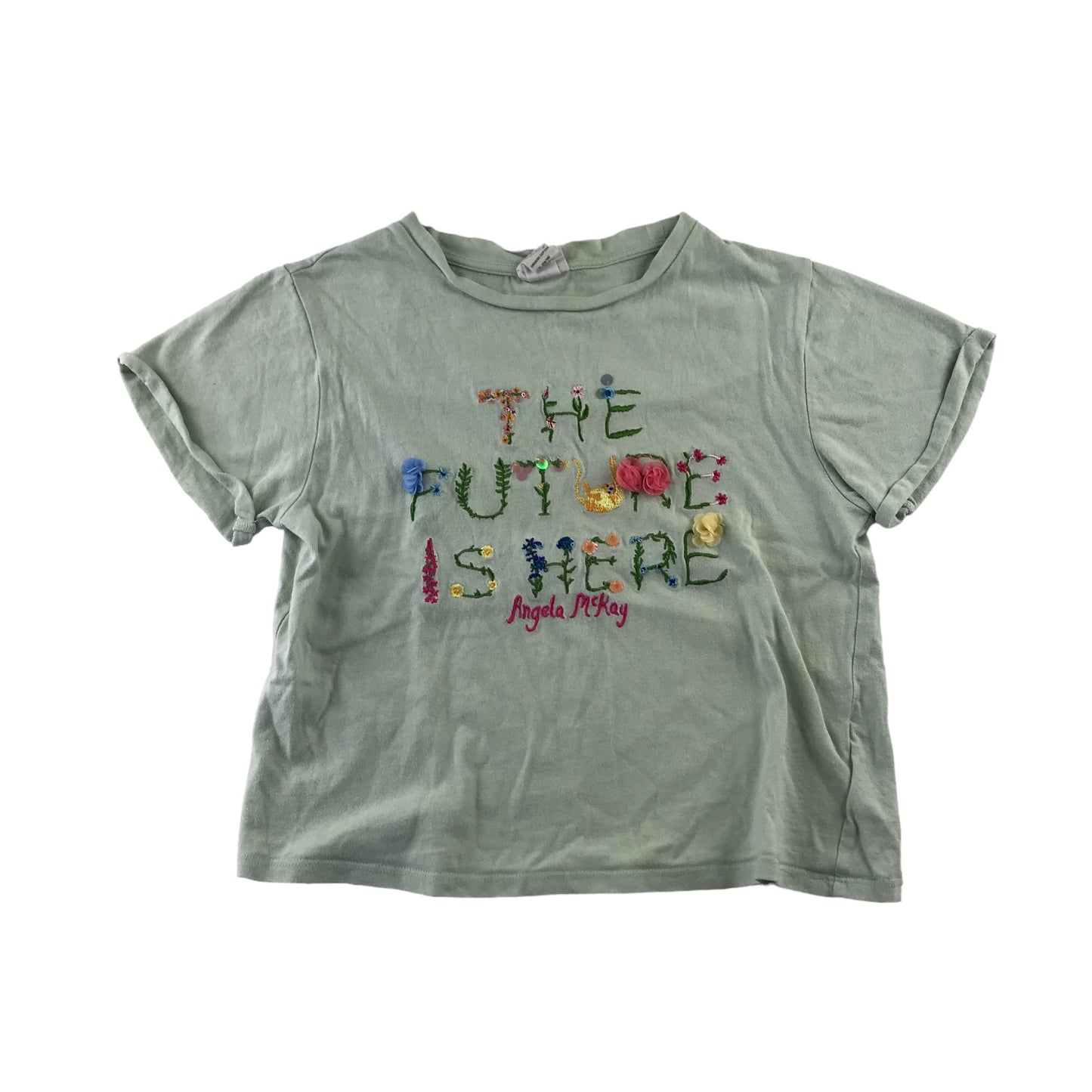 H&M t-shirt 9-10 years light green Future Is Here embroidery cotton