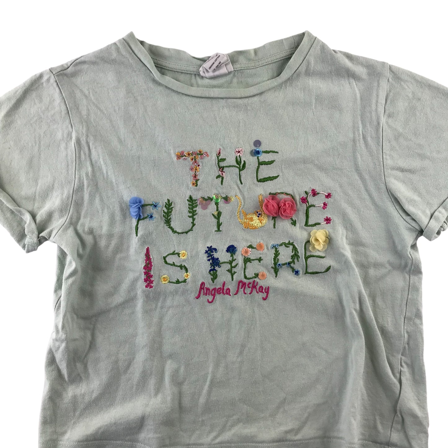 H&M t-shirt 9-10 years light green Future Is Here embroidery cotton