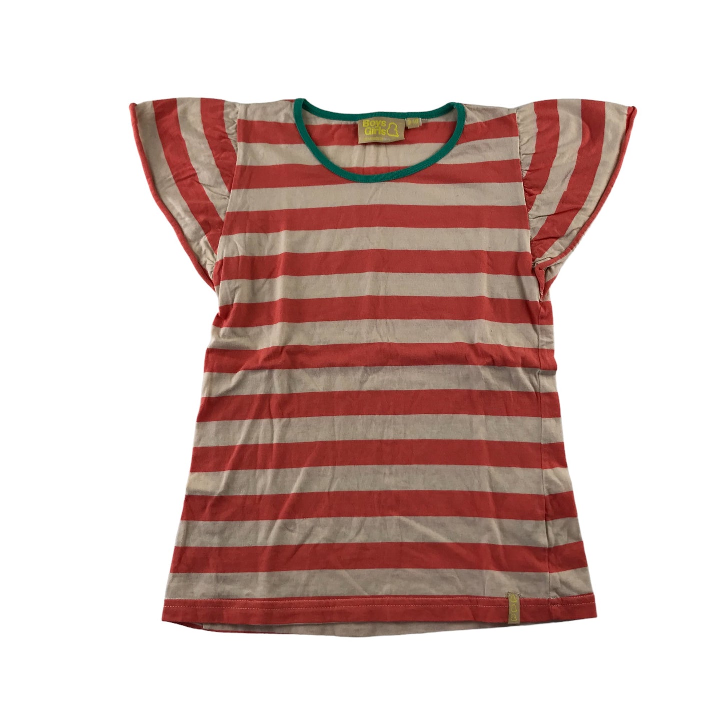 Boys & Girls t-shirt 9-10 years coral pink and white stripy butterfly cap sleeve organic cotton