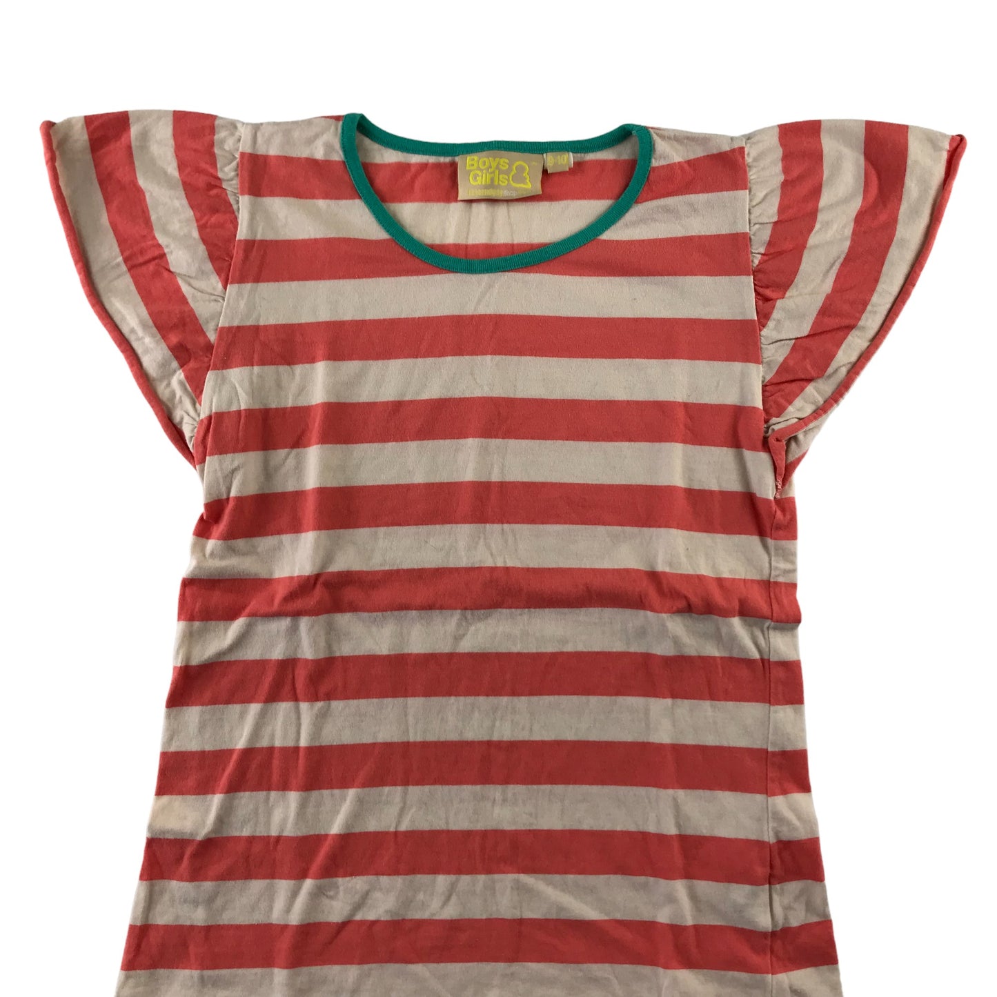 Boys & Girls t-shirt 9-10 years coral pink and white stripy butterfly cap sleeve organic cotton