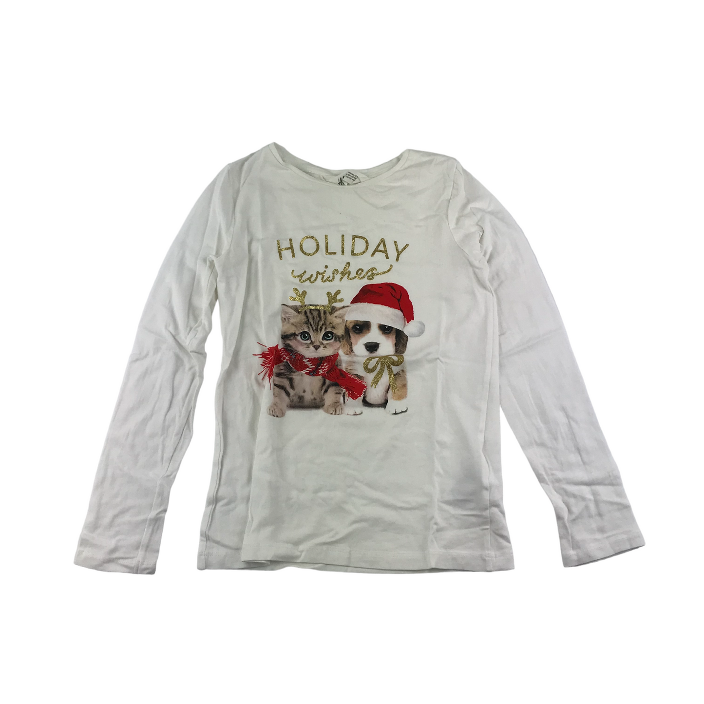 H&M Christmas T-shirt Age 8 White Kitten Puppy