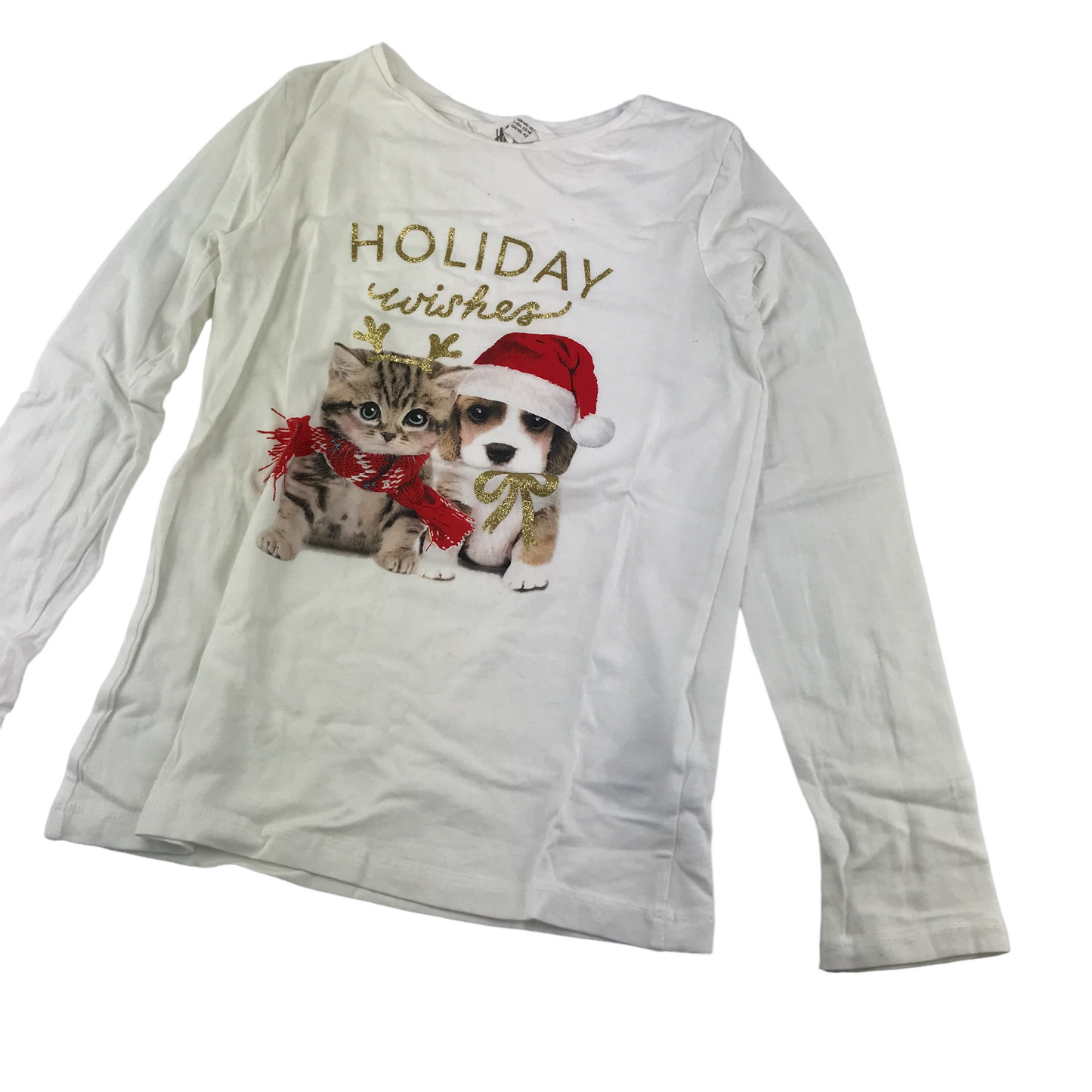 H&M Christmas T-shirt Age 8 White Kitten Puppy