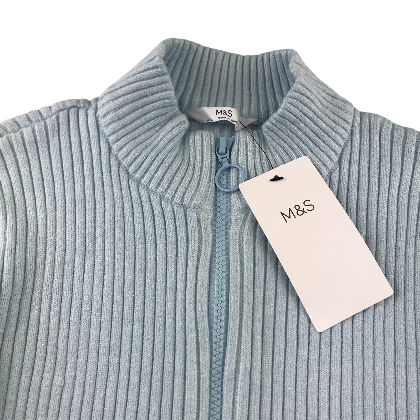 M&S sweater 12-13 years light blue full zipper knitted