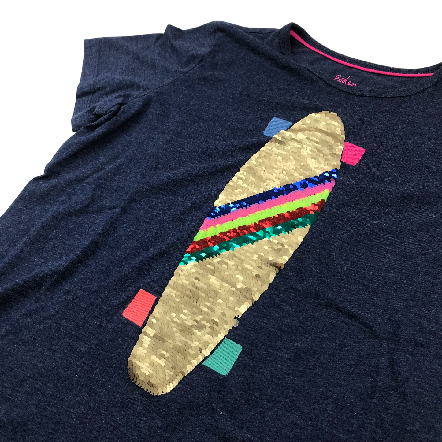 Boden navy Blue Sequin Skateboard T-shirt Age 15