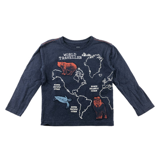 John Lewis T-Shirt 5-6 Years Navy World Map with Embroidered Animal Patches