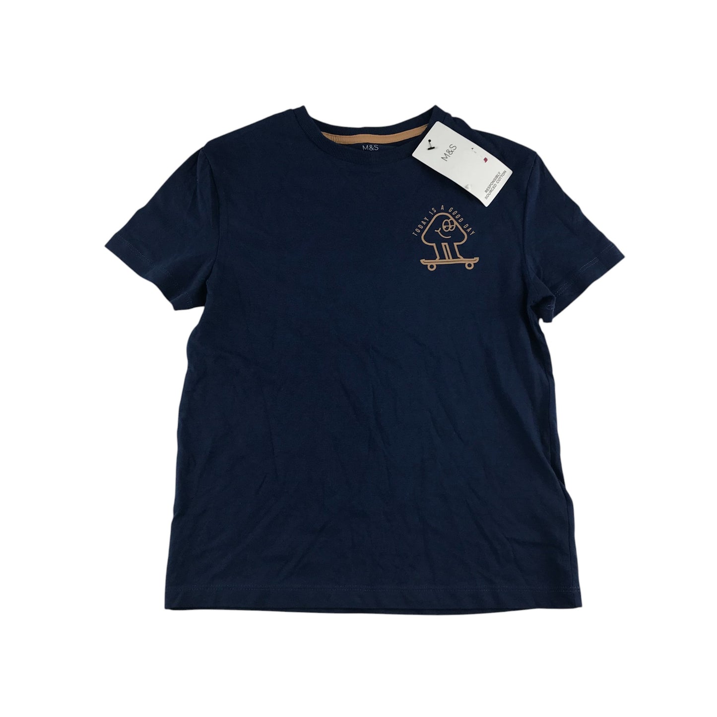 M&S t-shirt 7-8 years navy short sleeve cotton with print image