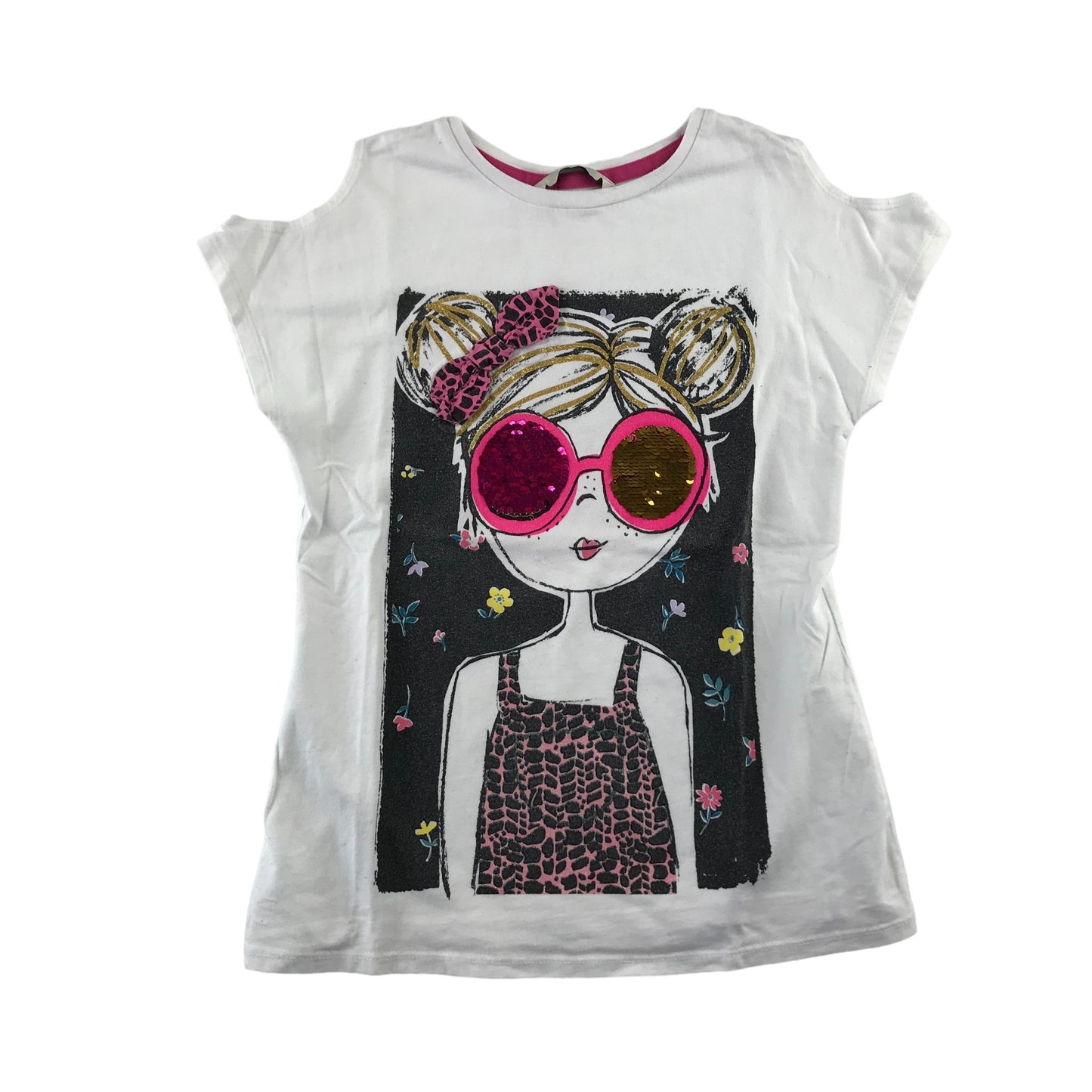 George t-shirt 9-10 years white girl with sequin sunnies open shoulders cotton