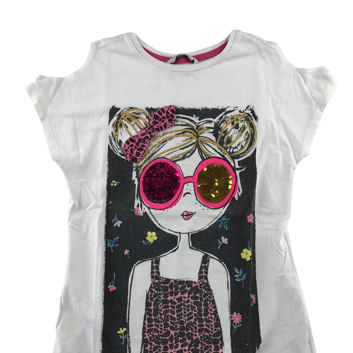 George t-shirt 9-10 years white girl with sequin sunnies open shoulders cotton