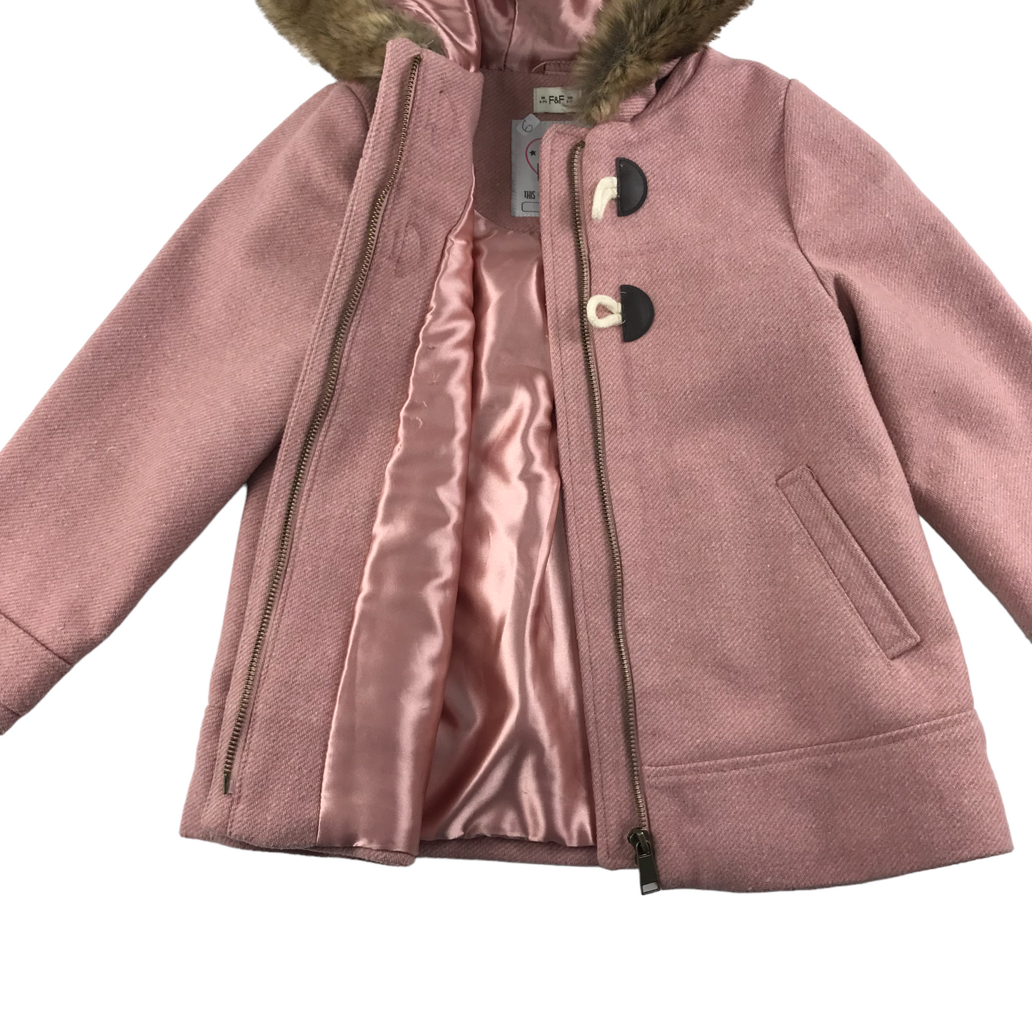 F&F Coat Age 6 Pink A-line Faux Fur Lined Hood