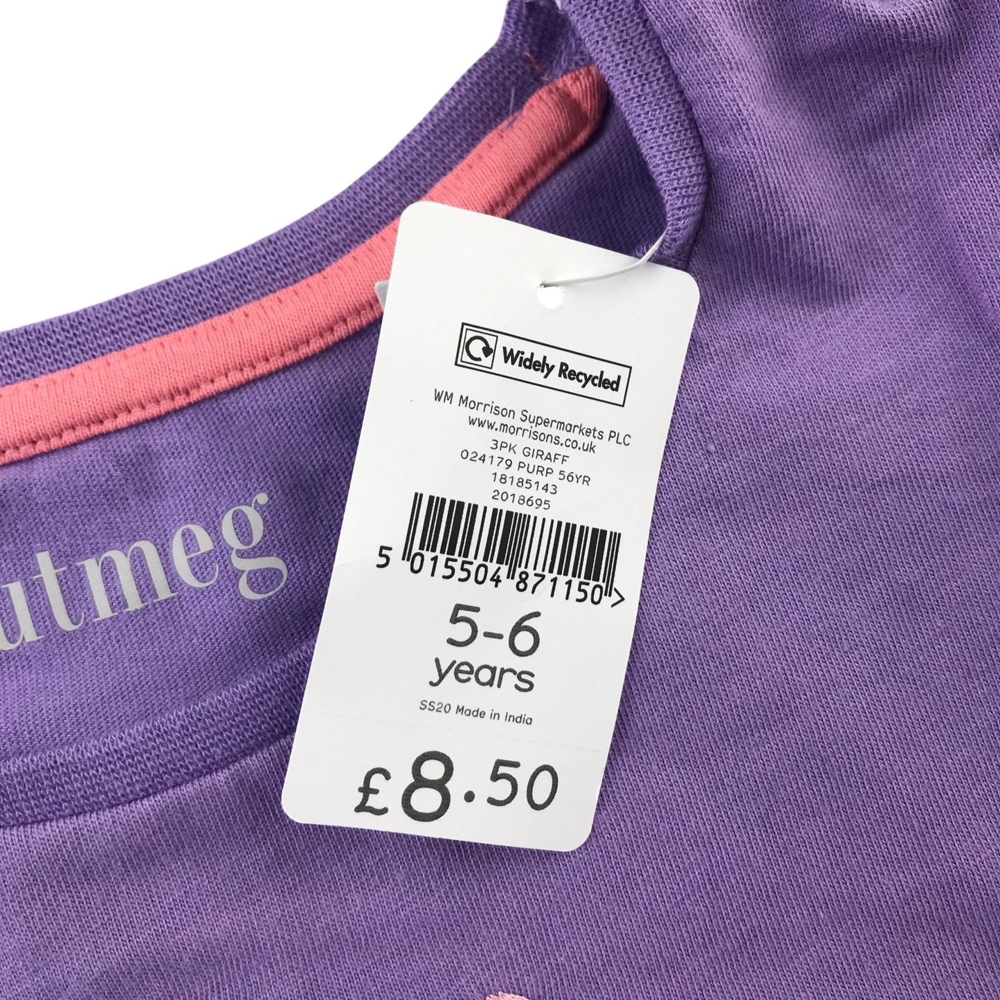 Nutmeg t-shirt 5-6 years purple giraffe print cotton