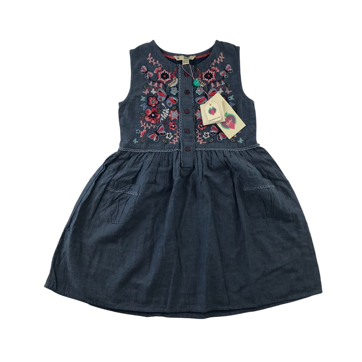 Yumi dress 5-6 years blue denim style embroidered floral cotton