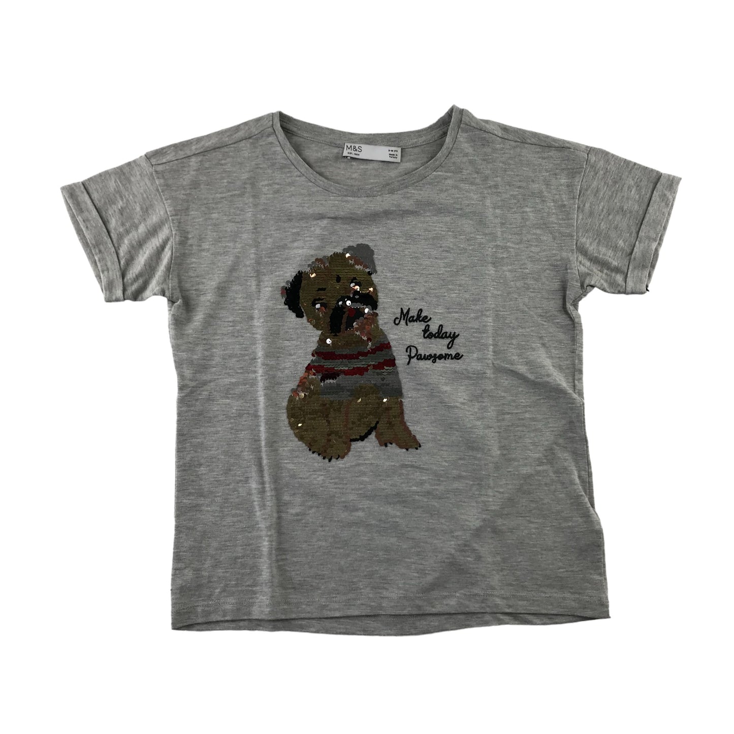 M&S t-shirt 9-10 years grey sequin pug short sleeve