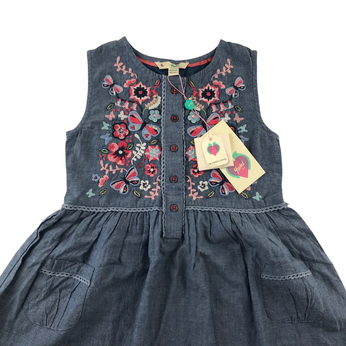 Yumi dress 5-6 years blue denim style embroidered floral cotton