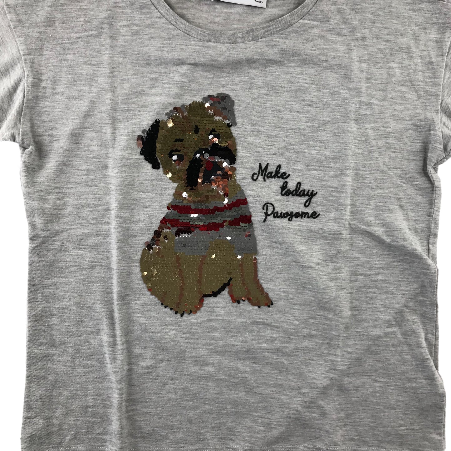 M&S t-shirt 9-10 years grey sequin pug short sleeve