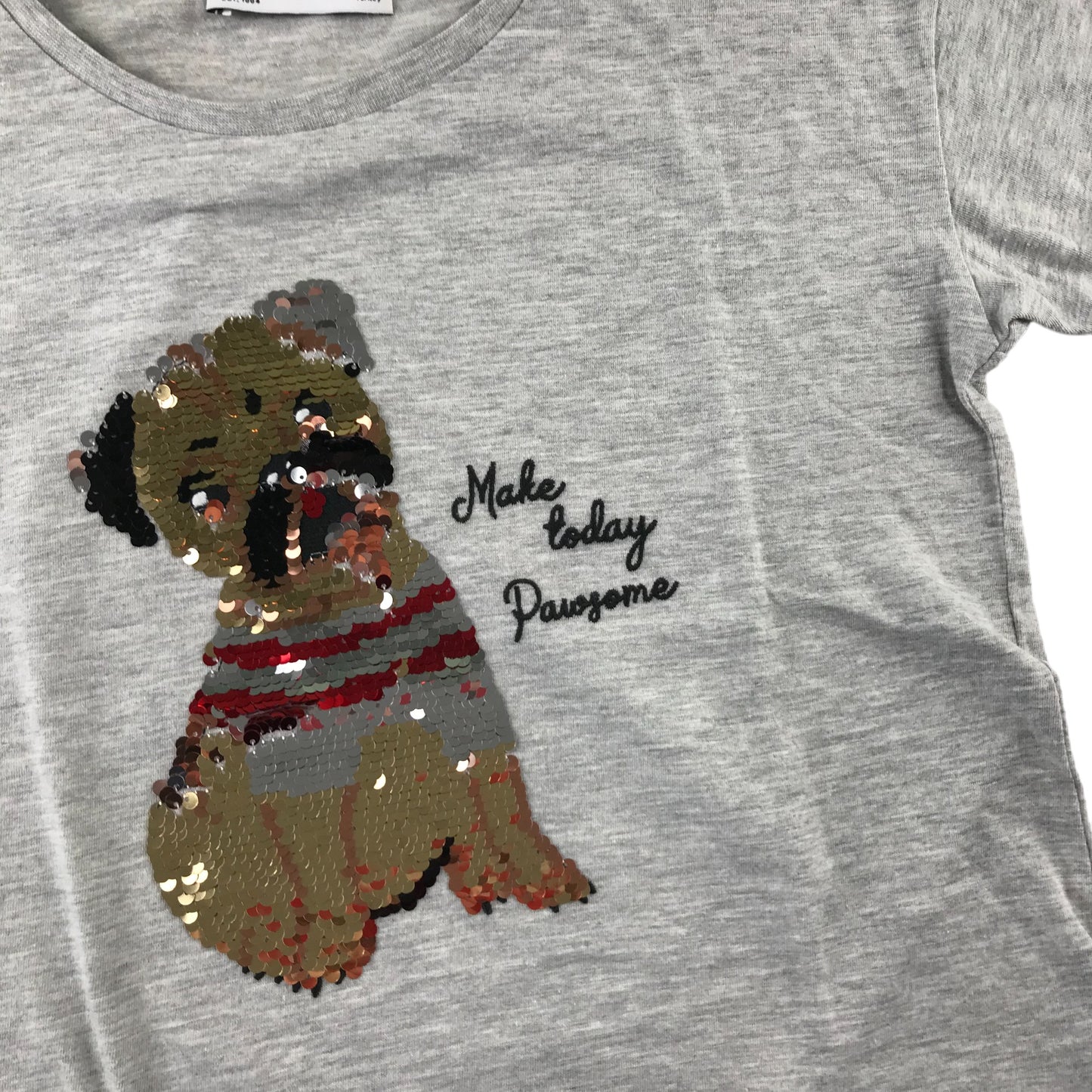 M&S t-shirt 9-10 years grey sequin pug short sleeve