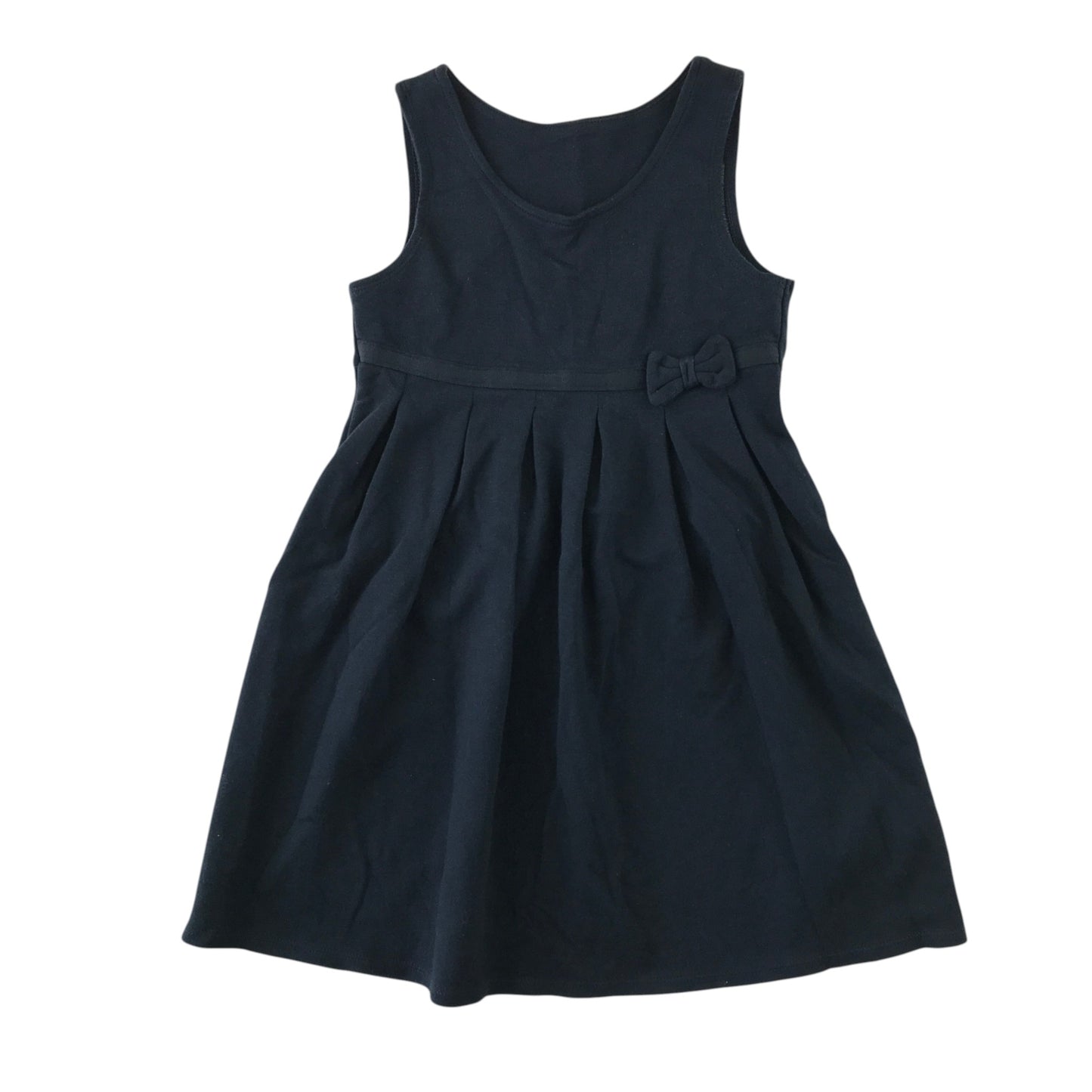 Front and back views of a second-hand girls navy blue jersey pinafore school dress