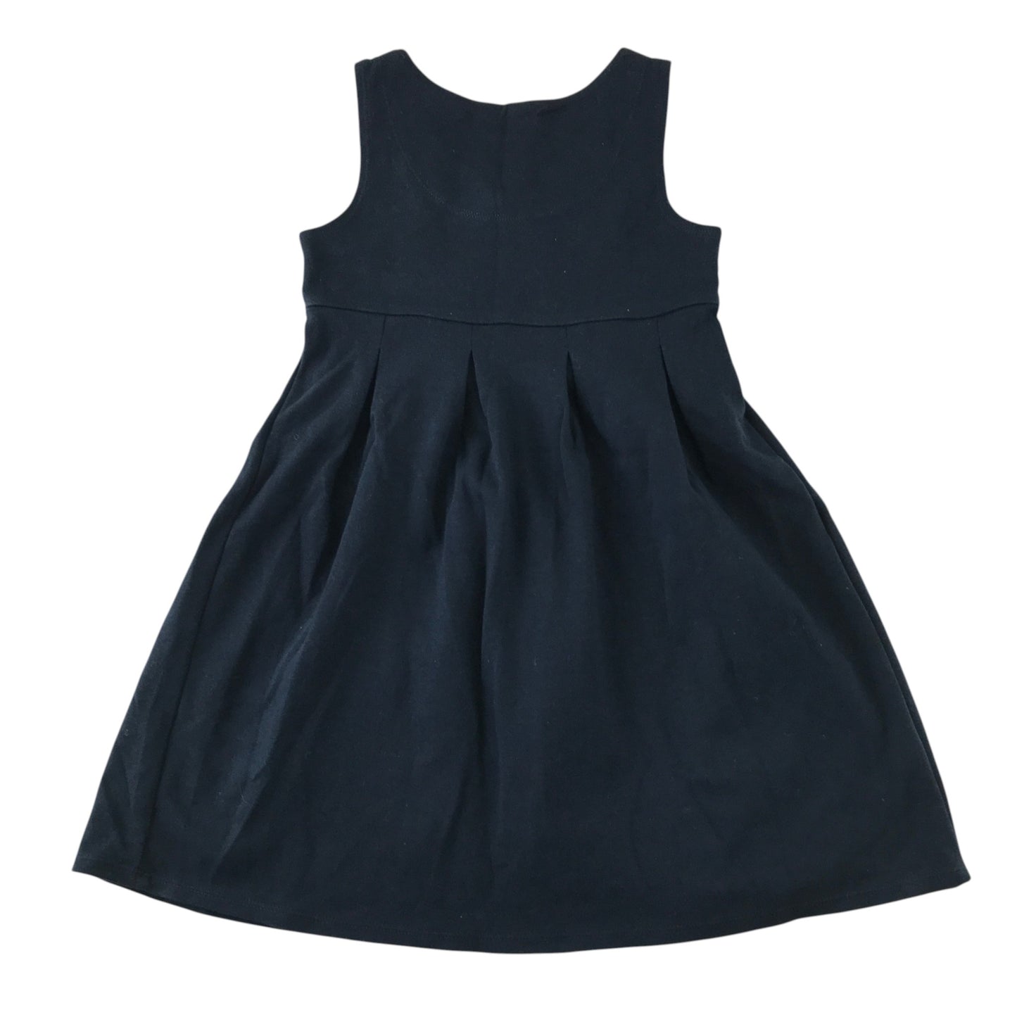 Front and back views of a second-hand girls navy blue jersey pinafore school dress