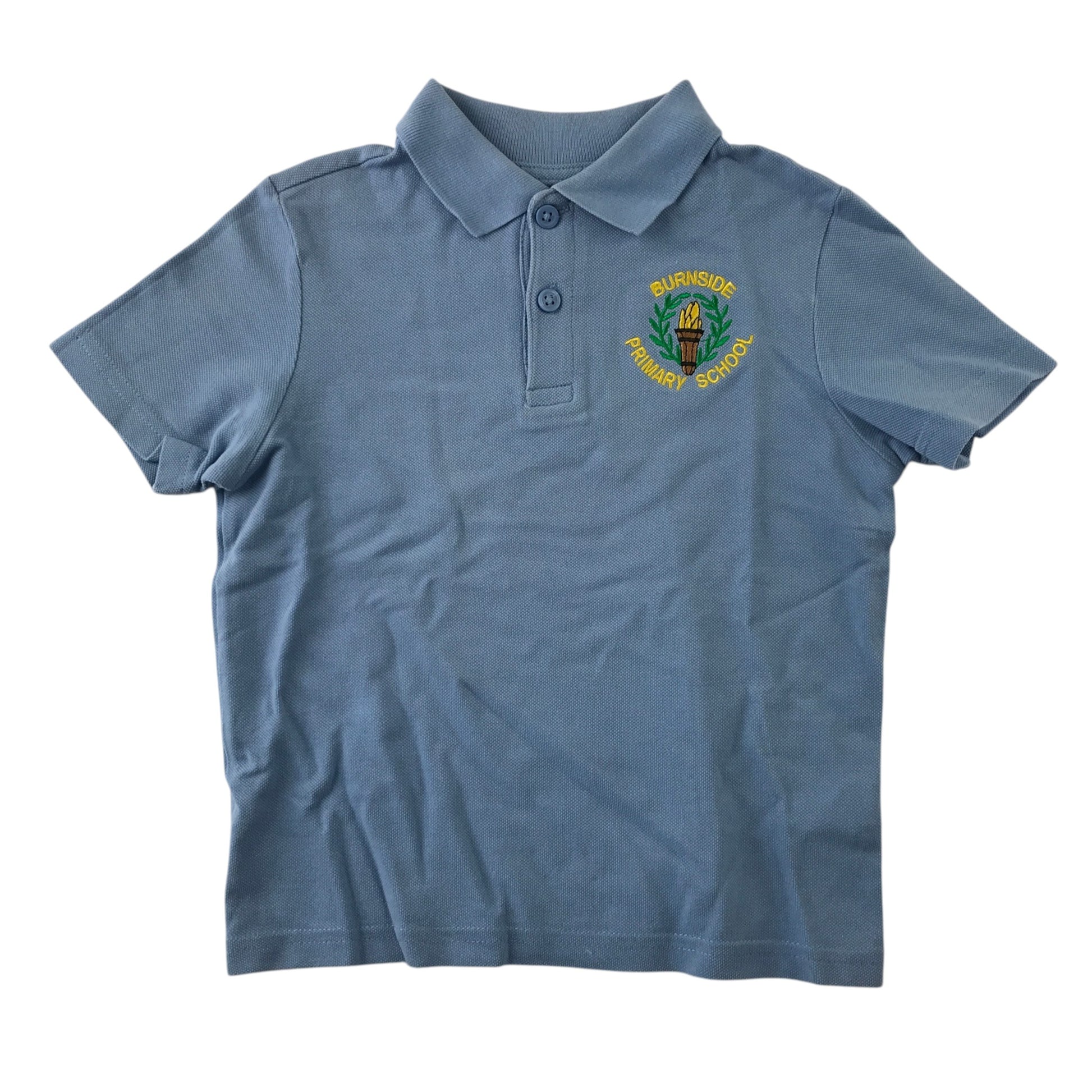 Second-hand Burnside Primary School sky blue polo shirt, flat lay view with embroidered badge.