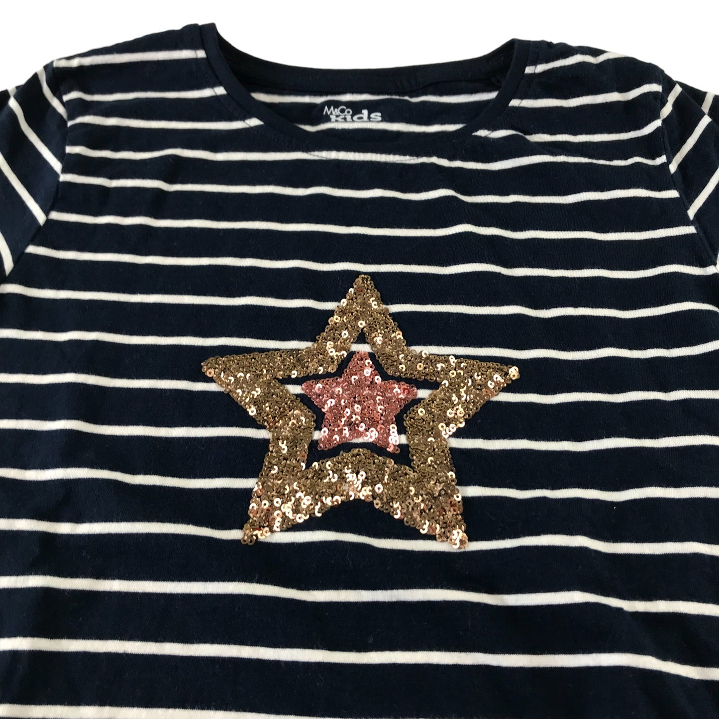 M&Co t-shirt 11-12 years navy and white stripy sequin star