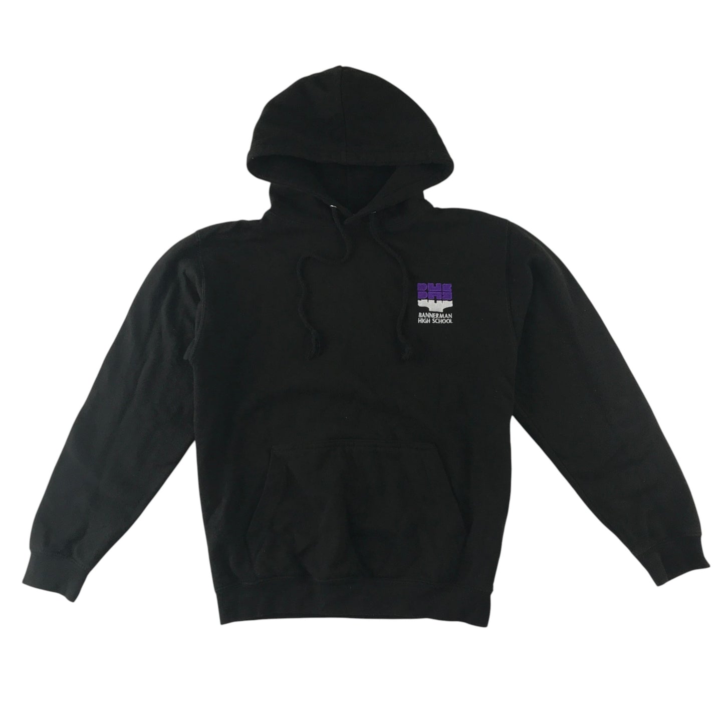 Second-hand Bannerman High School black school hoodie pullover, flat lay view with embroidered crest.