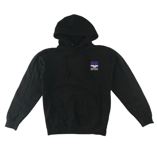 Second-hand Bannerman High School black school hoodie pullover, flat lay view with embroidered crest.