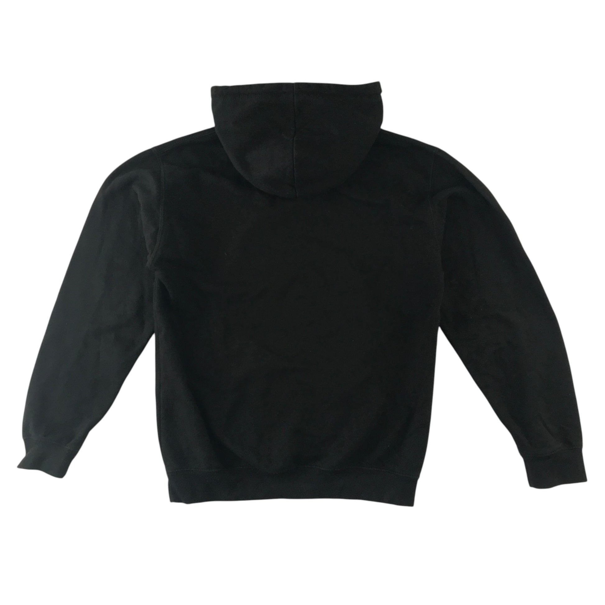 Second-hand Bannerman High School black school hoodie pullover, flat lay view with embroidered crest.