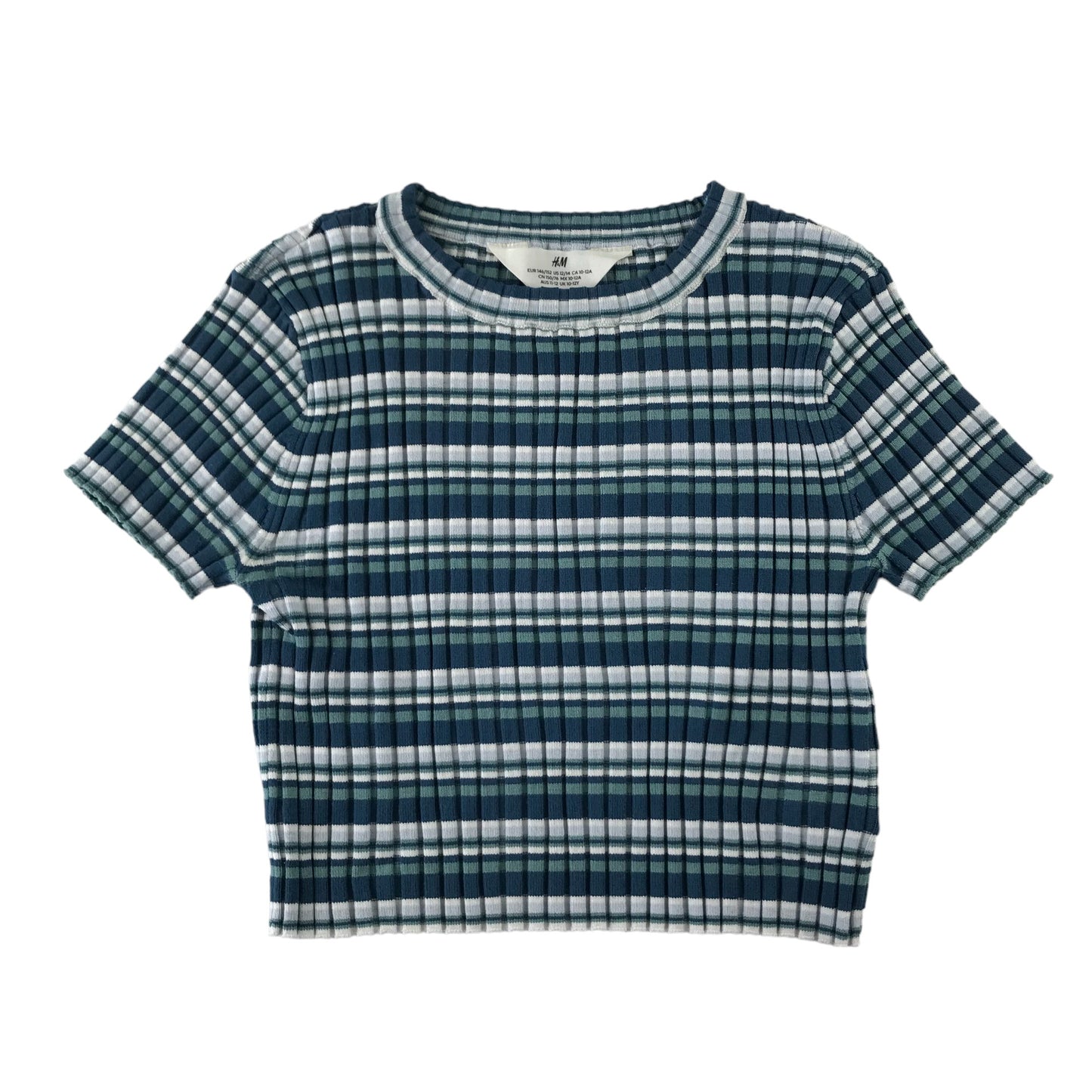 H&M t-shirt 11-12 years blue and white stripy crop top