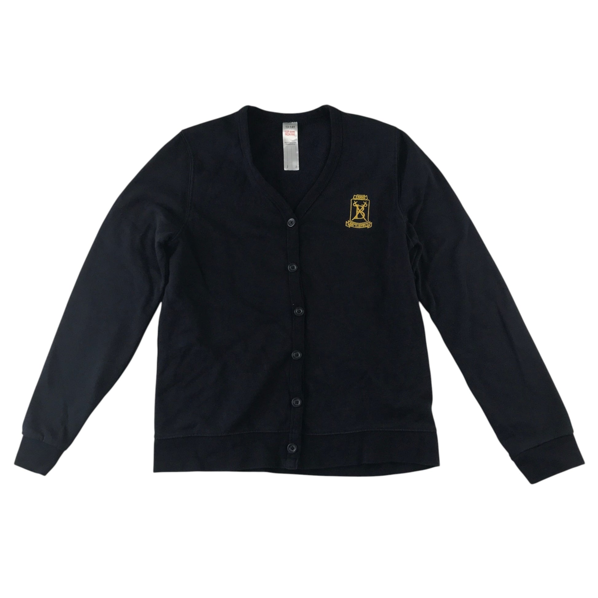 Second-hand Battlefield Primary School navy jersey V-neck cardigan, flat lay view with embroidered badge.