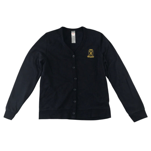 Second-hand Battlefield Primary School navy jersey V-neck cardigan, flat lay view with embroidered badge.