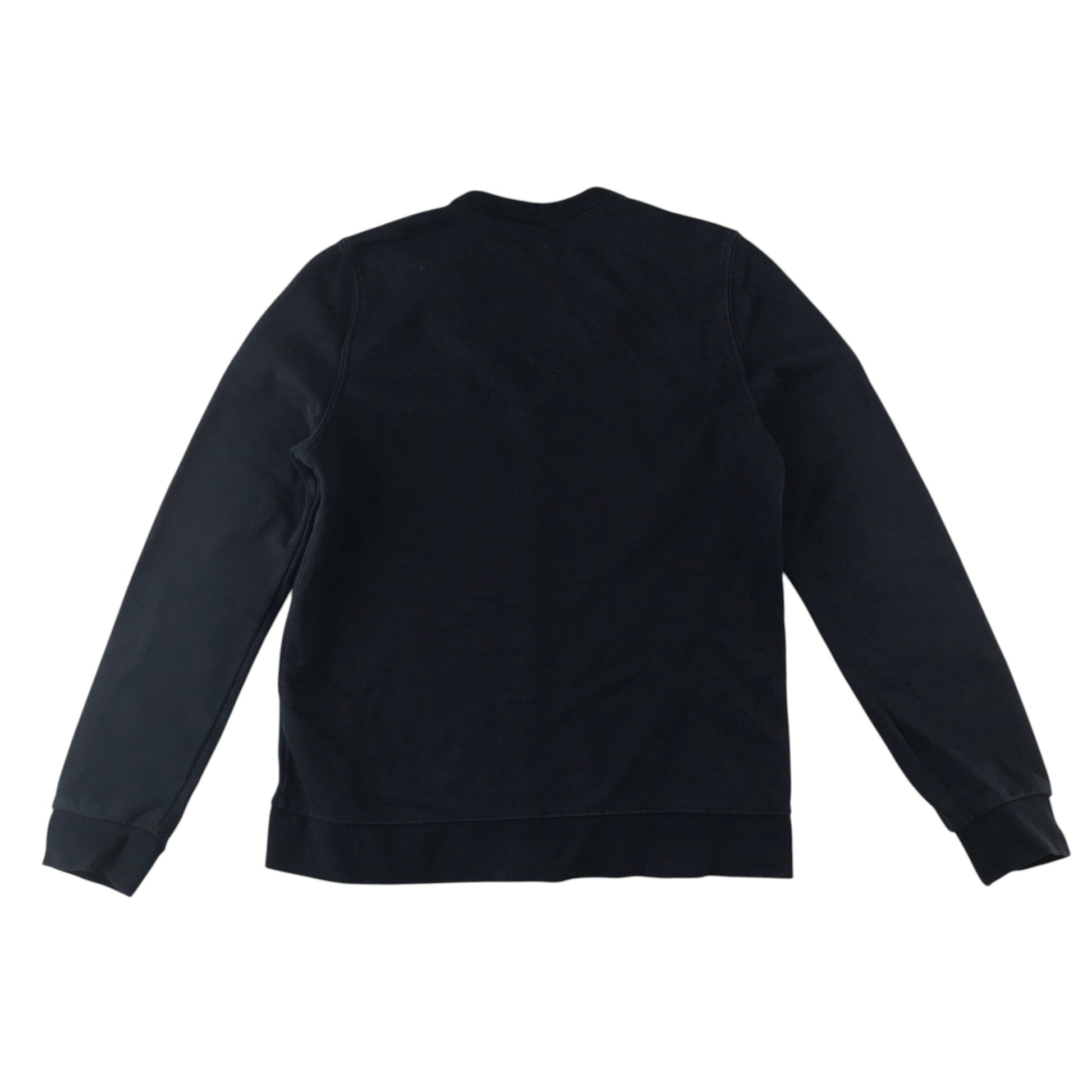 Second-hand Battlefield Primary School navy jersey V-neck cardigan, flat lay view with embroidered badge.