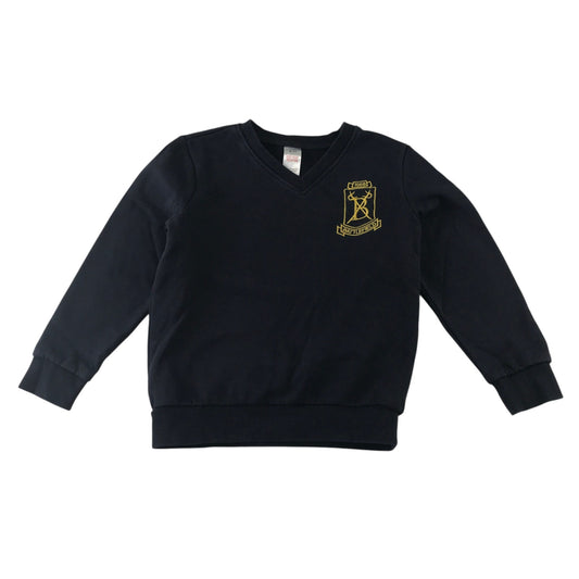 Second-hand Battlefield Primary School navy jersey V-neck sweatshirt, flat lay view with embroidered badge.