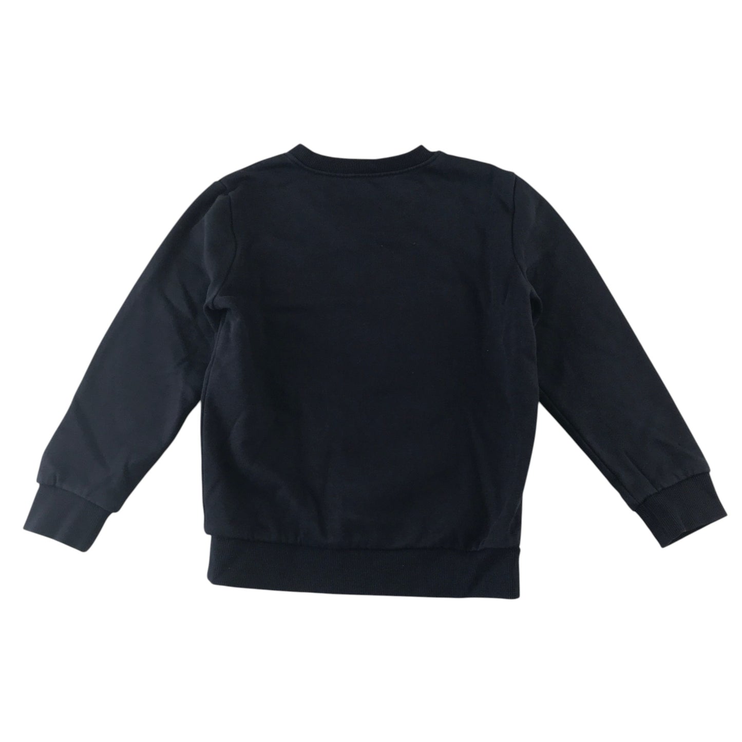 Second-hand Battlefield Primary School navy jersey V-neck sweatshirt, flat lay view with embroidered badge.