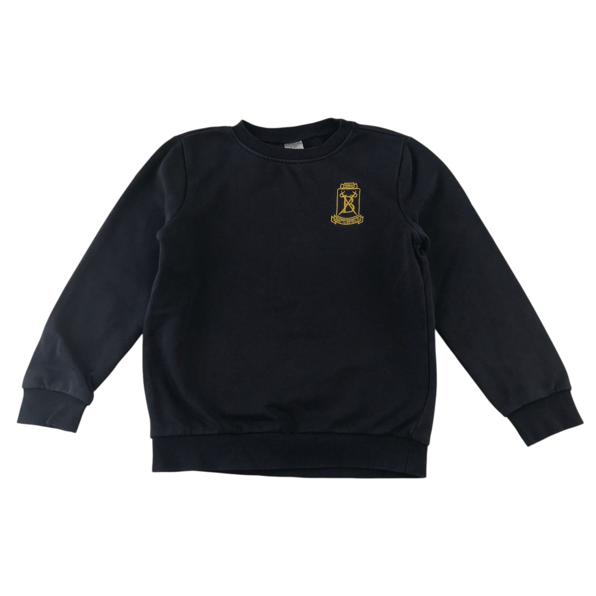 Second-hand Battlefield Primary School navy jersey crewneck, flat lay view with embroidered badge.