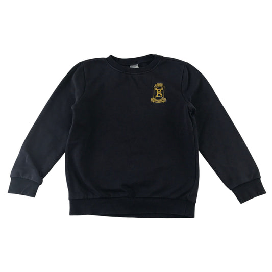 Second-hand Battlefield Primary School navy jersey crewneck, flat lay view with embroidered badge.