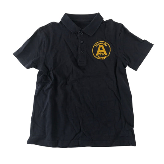 Second-hand Alexandra Parade Primary School navy polo shirt with plain collar and embroidered badge, flat lay view.