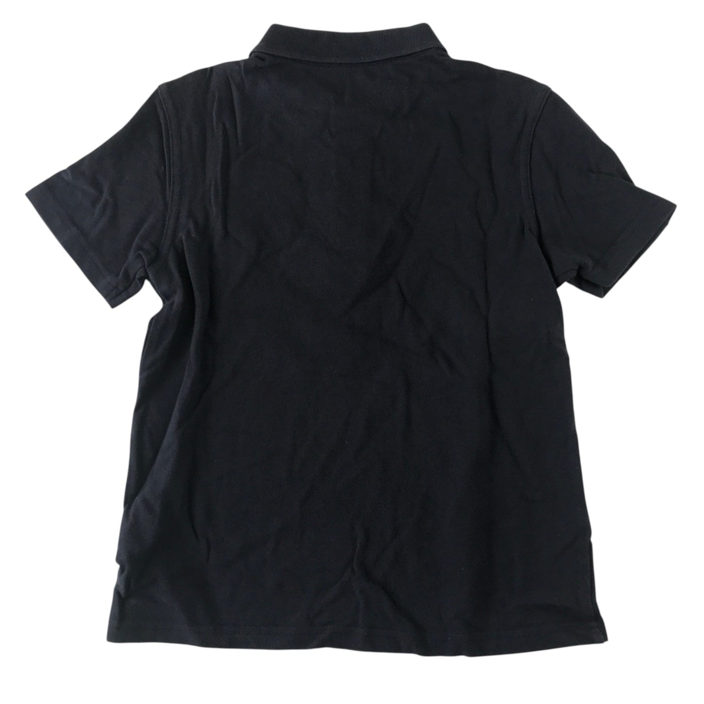 Second-hand Alexandra Parade Primary School navy polo shirt with plain collar and embroidered badge, flat lay view.
