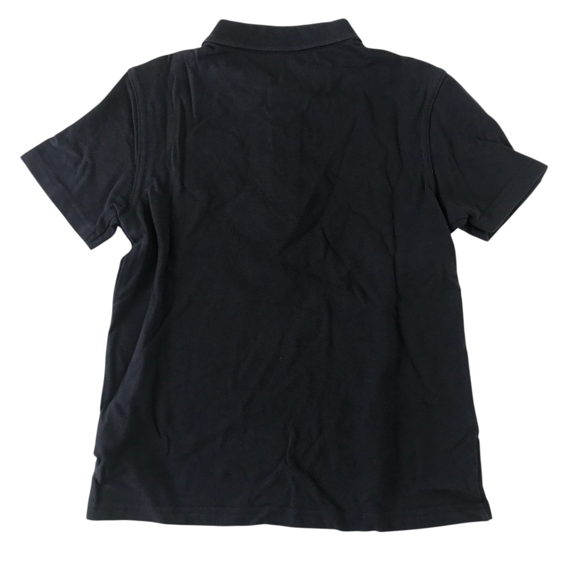 Second-hand Alexandra Parade Primary School navy polo shirt with plain collar and embroidered badge, flat lay view.
