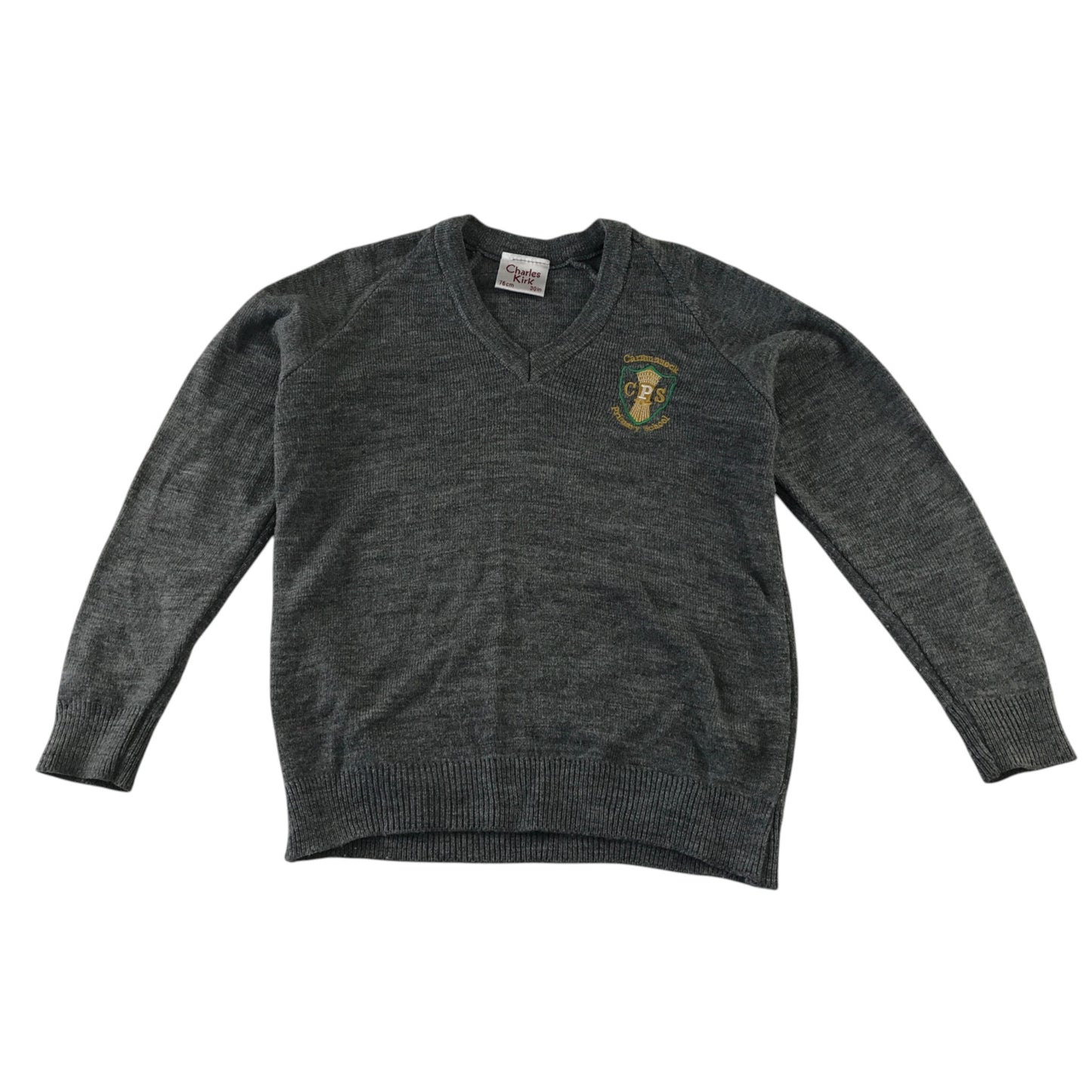 Second-hand Carmunnock Primary girls light grey knitwear school jumper, flat lay view with embroidered badge.