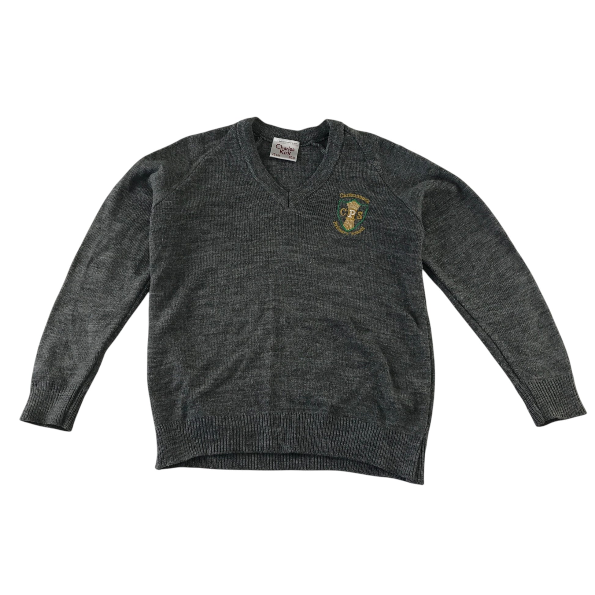 Second-hand Carmunnock Primary girls light grey knitwear school jumper, flat lay view with embroidered badge.