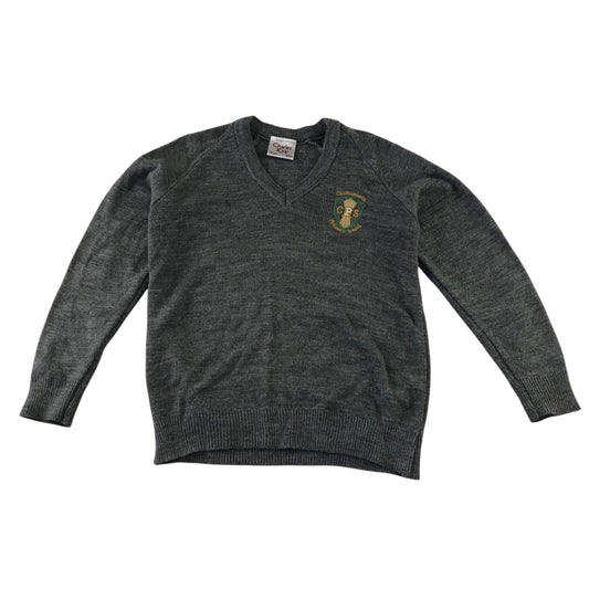 Second-hand Carmunnock Primary girls light grey knitwear school jumper, flat lay view with embroidered badge.