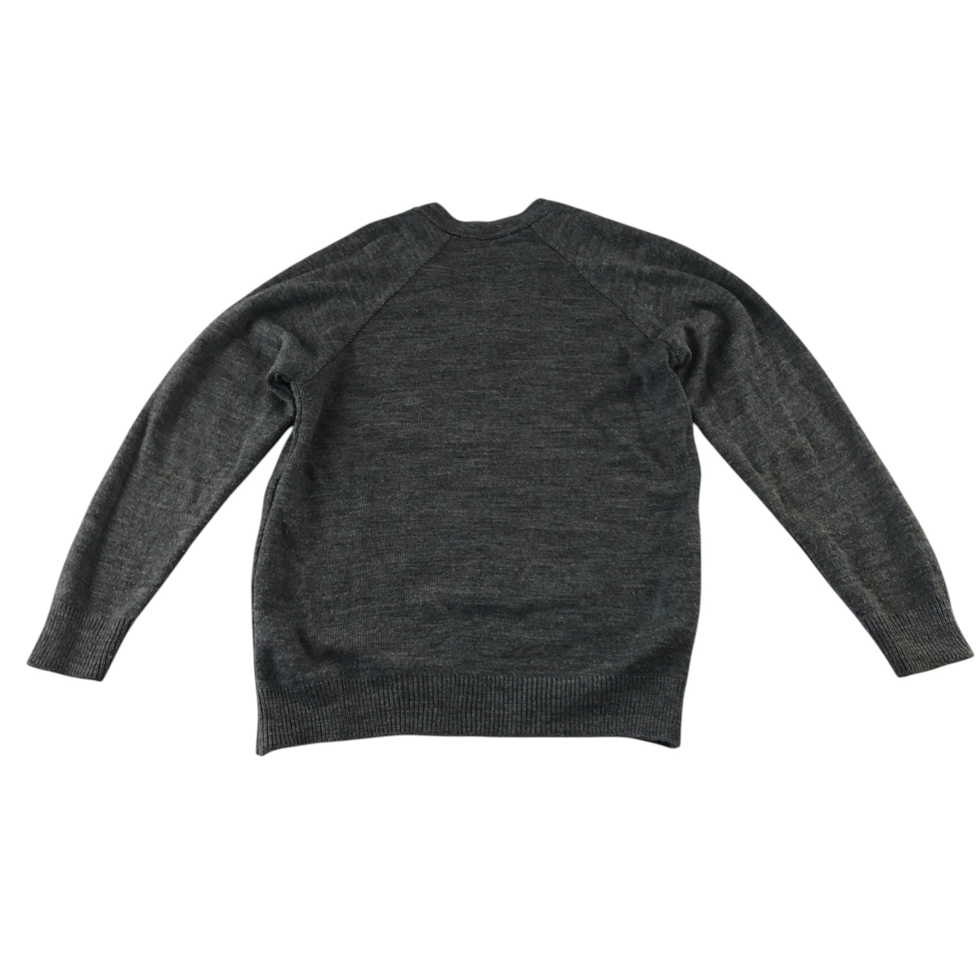 Second-hand Carmunnock Primary girls light grey knitwear school jumper, flat lay view with embroidered badge.
