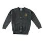 Second-hand Carmunnock Primary girls light grey knitwear school cardigan, flat lay view with embroidered badge.