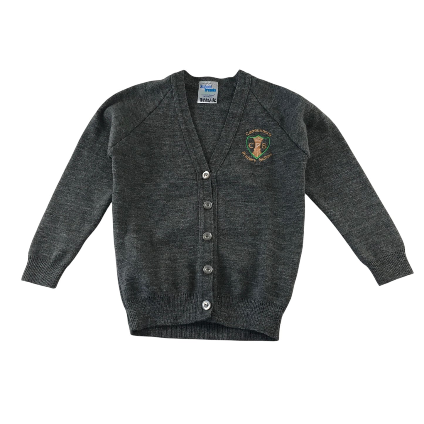 Second-hand Carmunnock Primary girls light grey knitwear school cardigan, flat lay view with embroidered badge.