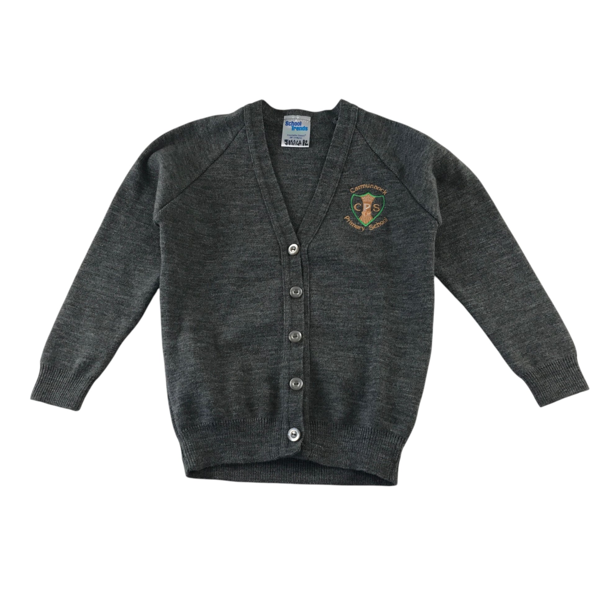 Second-hand Carmunnock Primary girls light grey knitwear school cardigan, flat lay view with embroidered badge.