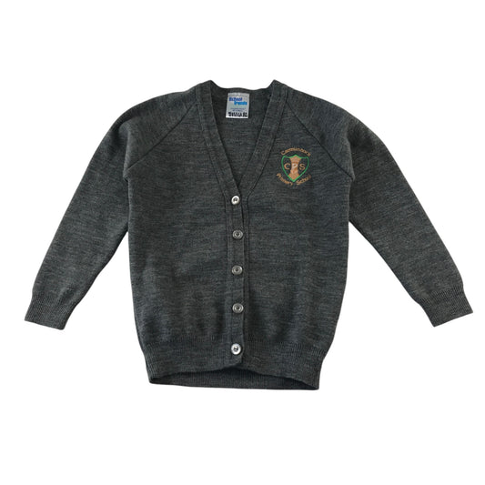 Second-hand Carmunnock Primary girls light grey knitwear school cardigan, flat lay view with embroidered badge.