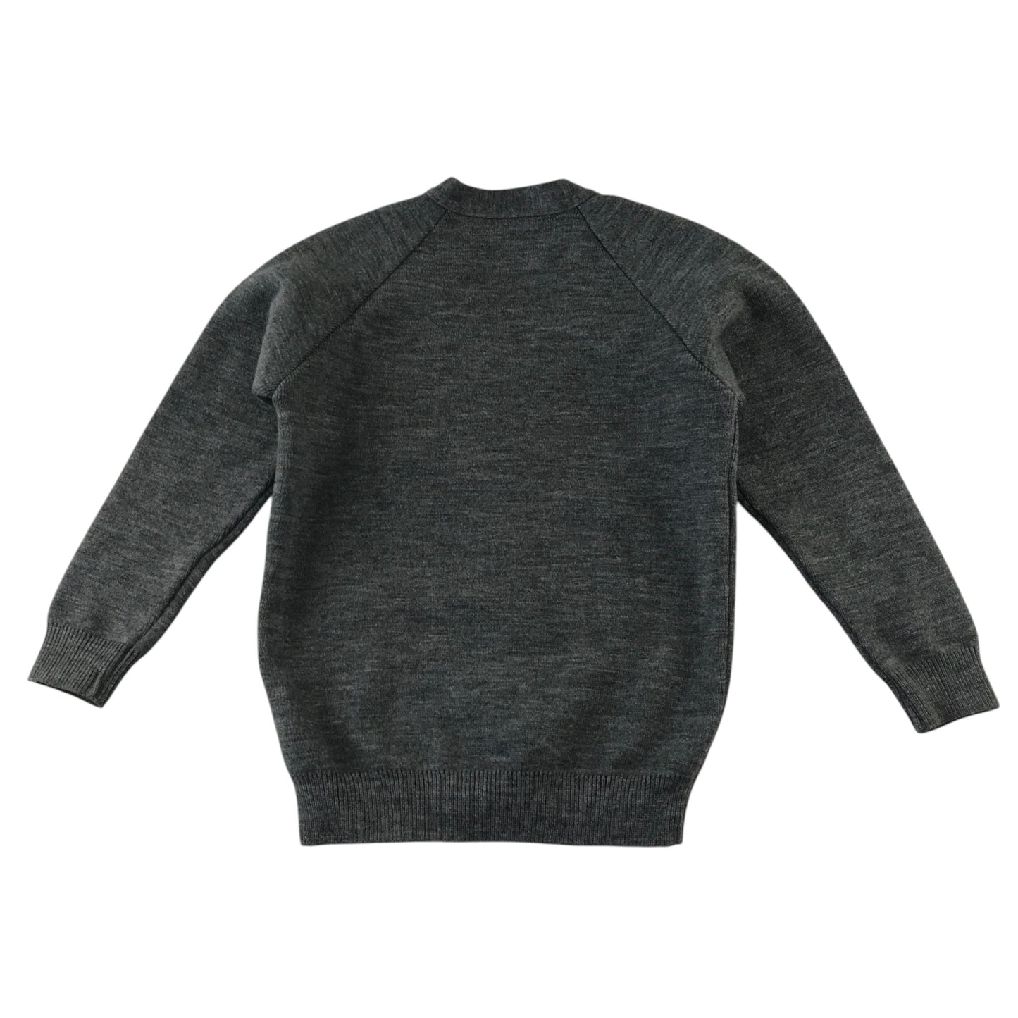 Second-hand Carmunnock Primary girls light grey knitwear school cardigan, flat lay view with embroidered badge.