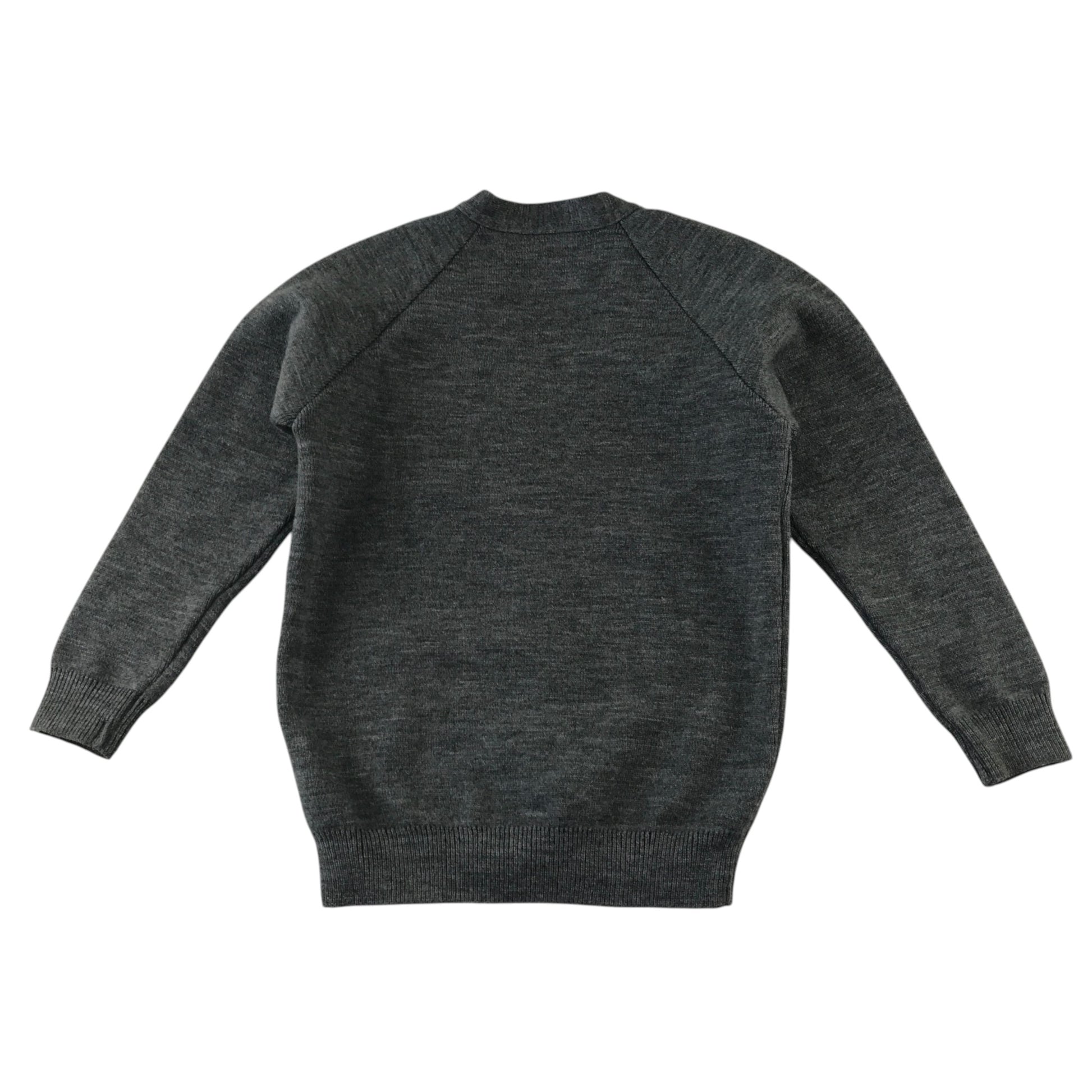 Second-hand Carmunnock Primary girls light grey knitwear school cardigan, flat lay view with embroidered badge.