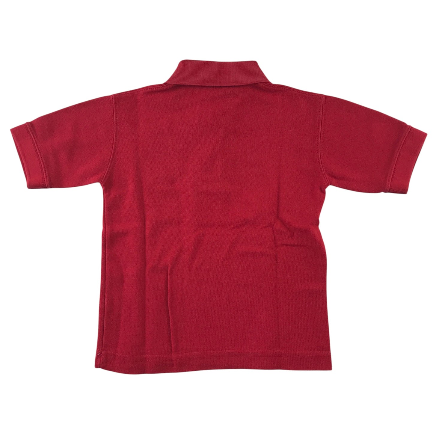 Second-hand Crookfur Primary red polo shirt, flat lay view with embroidered school badge.
