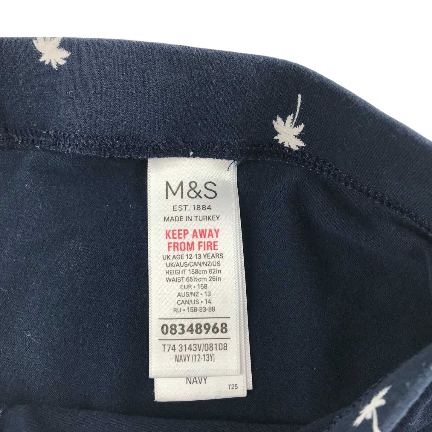 M&S Leggings Age 12 Navy Blue with white Palm Trees