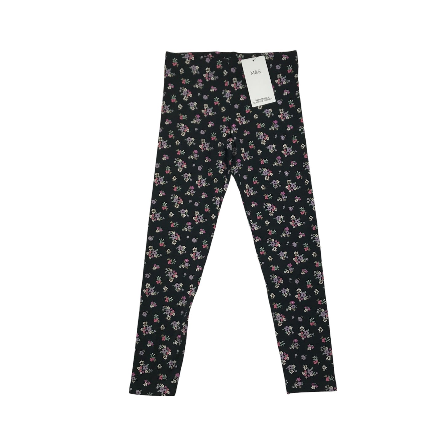 M&S leggings 8-9 years black floral print pattern cotton blend